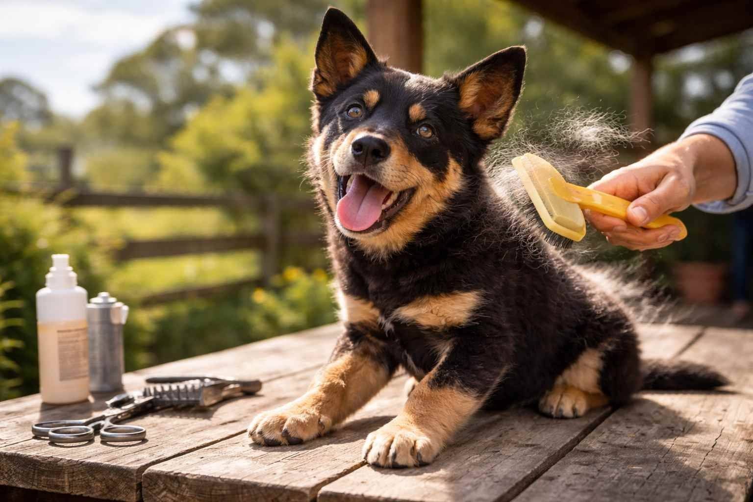 Australian Kelpie being brushed for grooming Australian Kelpie being brushed outdoors on a wooden table, with loose fur visible during a grooming session