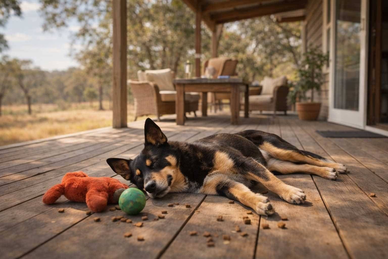 Australian Kelpie lying asleep on a wooden verandah Australian Kelpie lying asleep on a wooden verandah