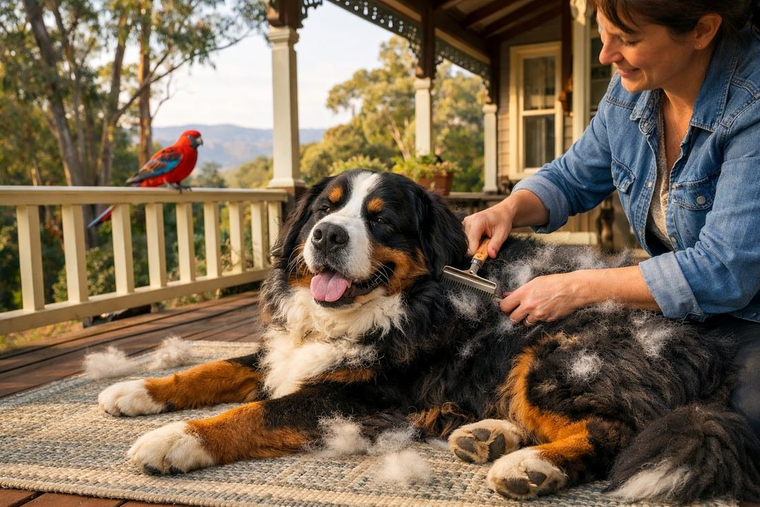Bernese-Mountain-Dog-grooming-session-on-Australian-Federation-verandah Bernese Mountain Dog Grooming Session On Australian Federation Verandah