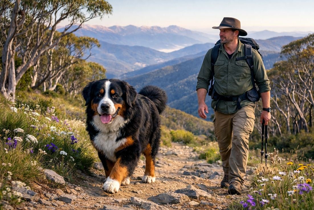 Bernese-Mountain-Dog-hiking-Australian-alpine-trail-Mount-Buller Bernese Mountain Dog Hiking Australian Alpine Trail Mount Buller