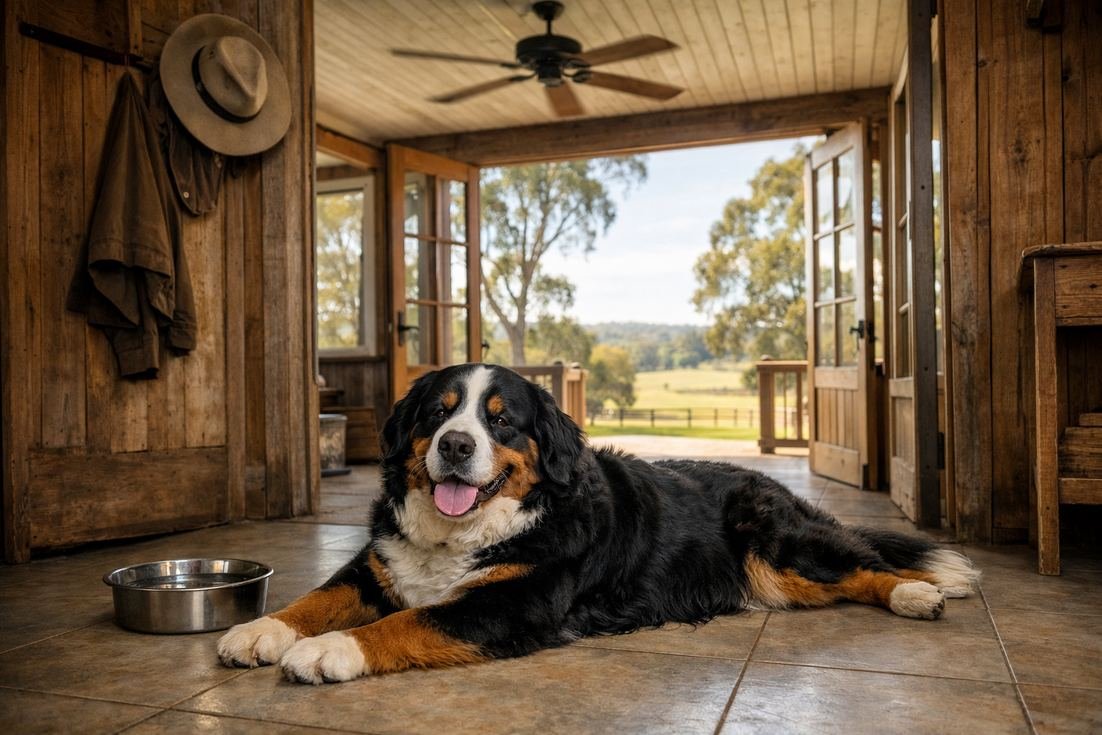 Bernese-Mountain-Dog-relaxed-in-Australian-country-homestead-interior Bernese Mountain Dog Relaxed In Australian Country Homestead Interior