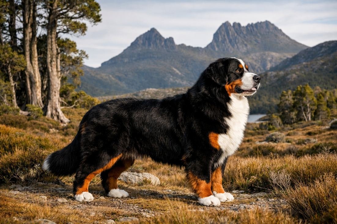 Bernese-Mountain-Dog-side-profile-in-Tasmanian-Cradle-Mountain-setting Bernese Mountain Dog Side Profile In Tasmanian Cradle Mountain Setting