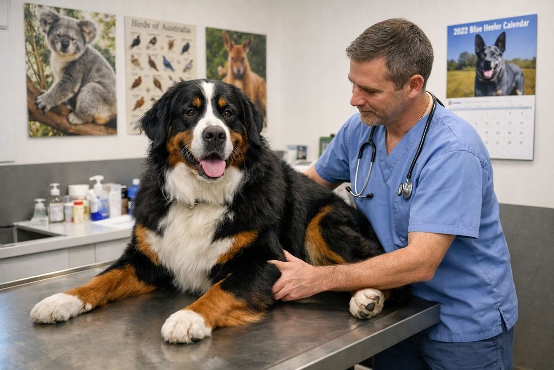 Bernese-Mountain-Dog-tricolour-during-vet-hip-examination-checkup Bernese Mountain Dog Tricolour During Vet Hip Examination Checkup