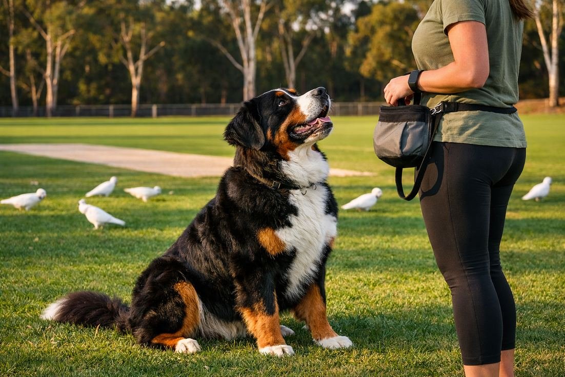 Bernese-Mountain-Dog-tricolour-in-obedient-sit-at-Aussie-oval Bernese Mountain Dog Tricolour In Obedient Sit At Aussie Oval