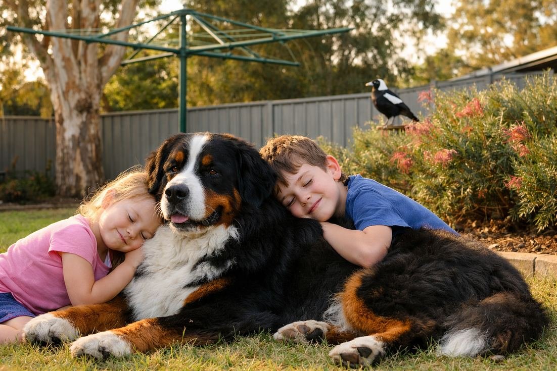 Bernese-Mountain-Dog-tricolour-with-children-in-Aussie-backyard Bernese Mountain Dog Tricolour With Children In Aussie Backyard