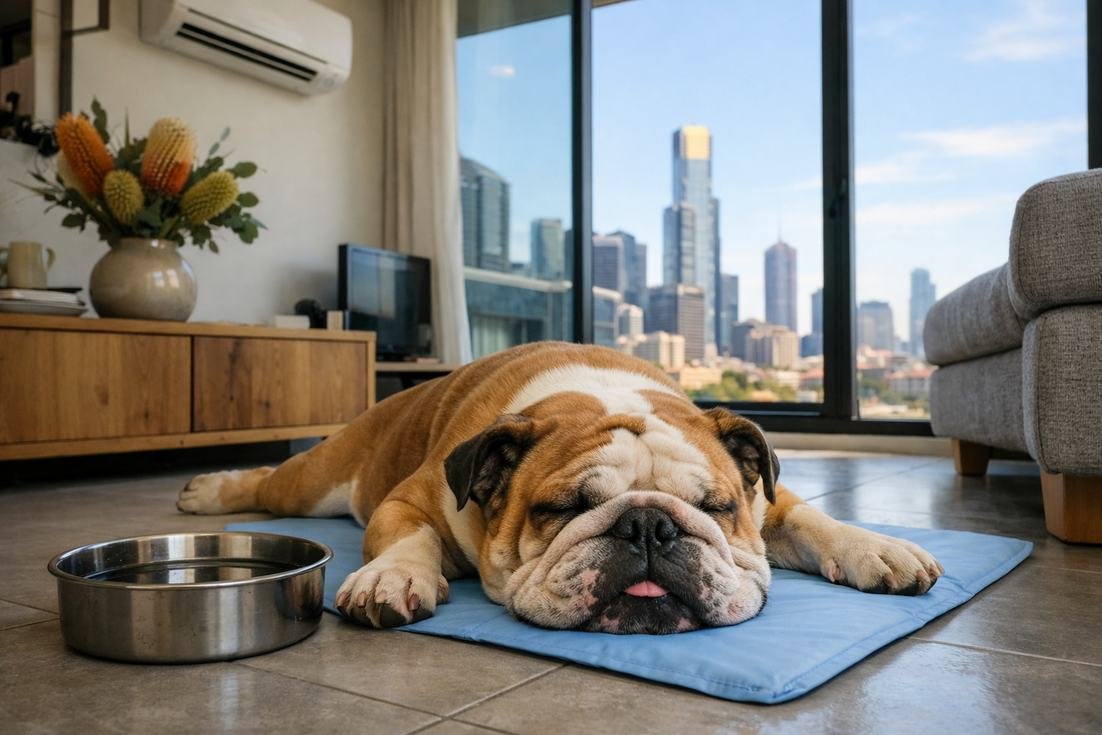 British Bulldog Fawn Coat Relaxed On Cool Tiles Melbourne Apartment