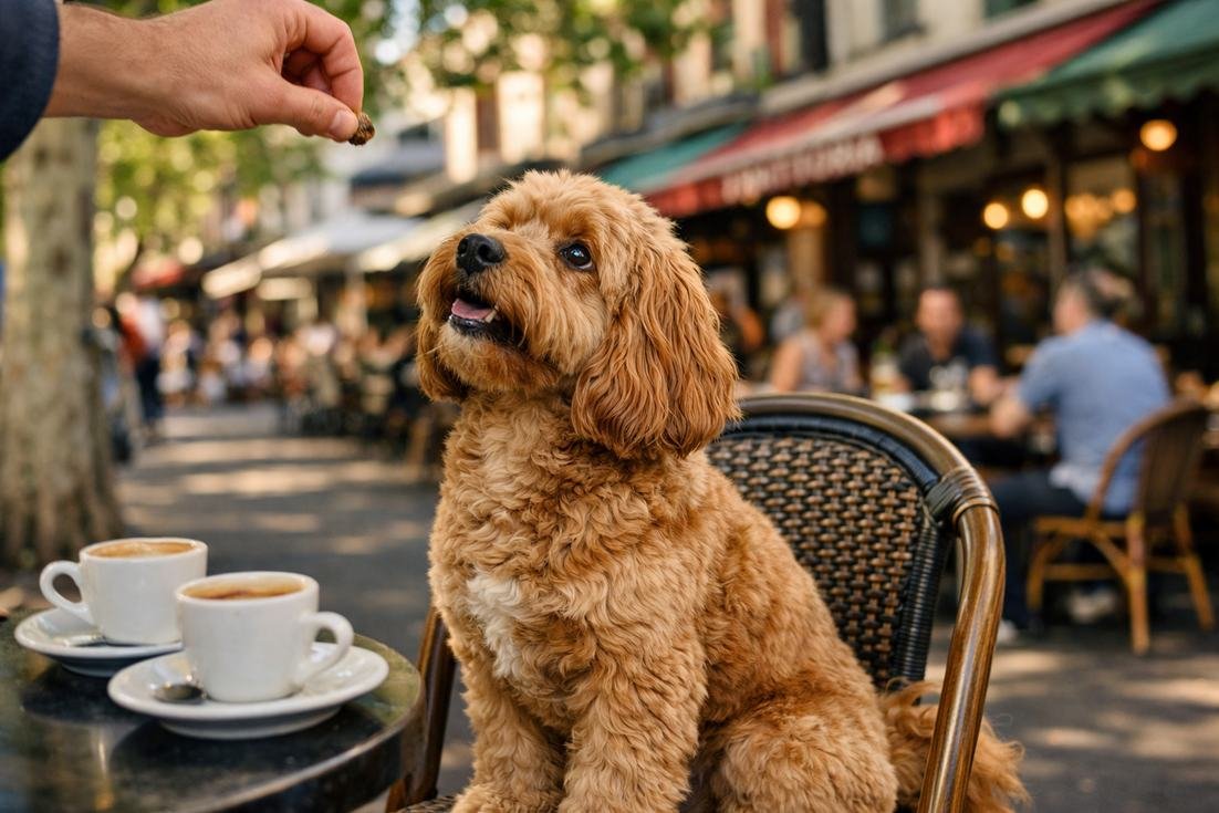 Cavoodle Caramel Coat In Attentive Sit At Carlton Cafy Melbourne