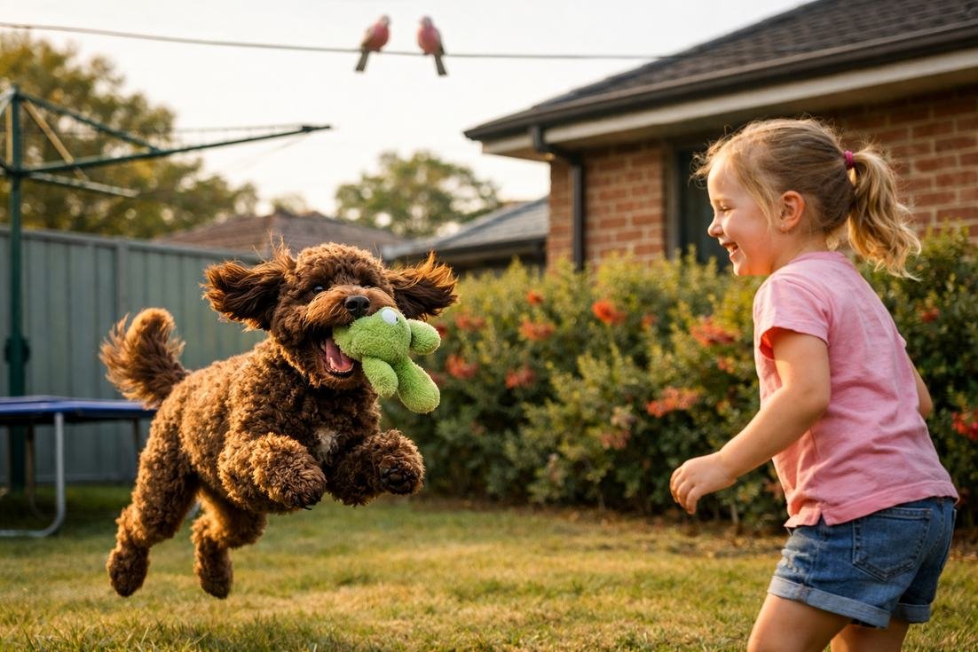 Cavoodle Chocolate Coat Playing Fetch With Child In Aussie Backyard