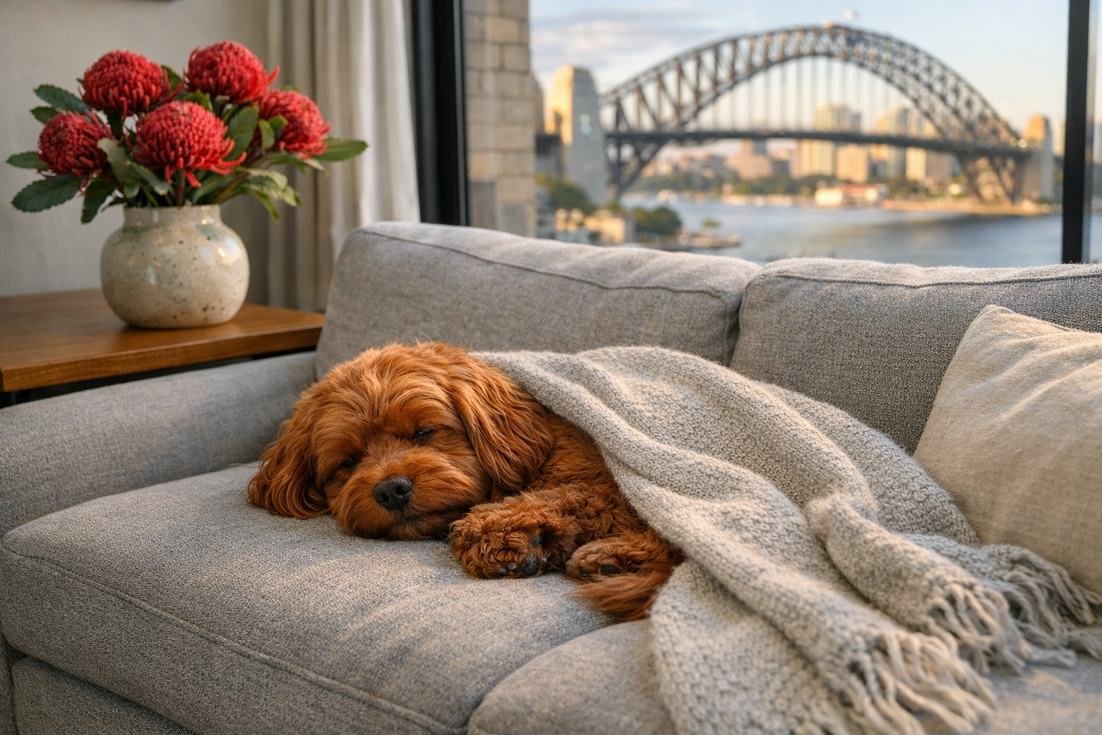 Cavoodle Ruby Red Coat Relaxed In Sydney Apartment Harbour View