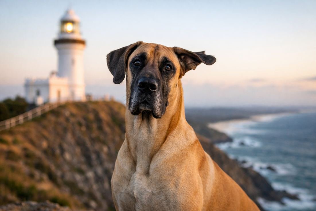 Great Dane Fawn Black Mask Portrait At Cape Byron Lighthouse Nsw