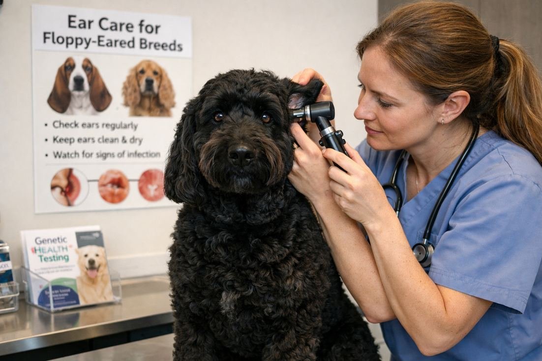 Groodle-black-wavy-coat-during-vet-ear-health-examination-checkup Groodle Black Wavy Coat During Vet Ear Health Examination Checkup