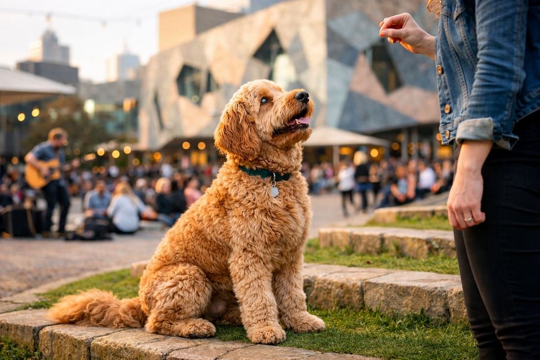 Groodle-caramel-coat-therapy-dog-training-at-Federation-Square-Melbourne Groodle Caramel Coat Therapy Dog Training At Federation Square Melbourne