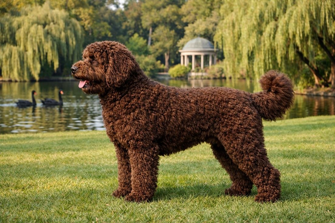 Groodle-chocolate-curly-coat-side-profile-Royal-Botanic-Gardens-Melbourne Groodle Chocolate Curly Coat Side Profile Royal Botanic Gardens Melbourne