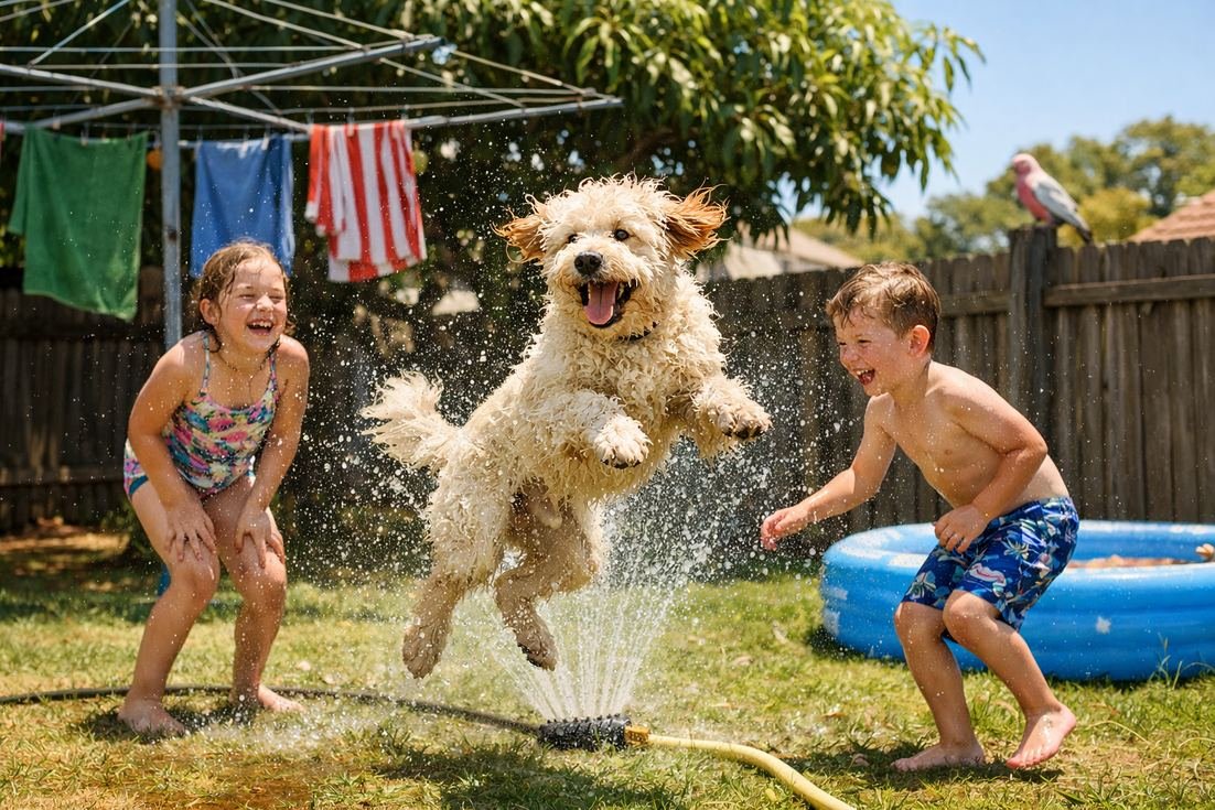 Groodle-cream-coat-playing-sprinkler-with-kids-Brisbane-summer-backyard Groodle Cream Coat Playing Sprinkler With Kids Brisbane Summer Backyard