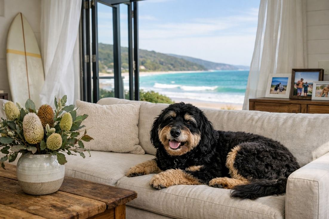 Groodle-phantom-coat-relaxed-in-Lorne-beach-house-Great-Ocean-Road Groodle Phantom Coat Relaxed In Lorne Beach House Great Ocean Road