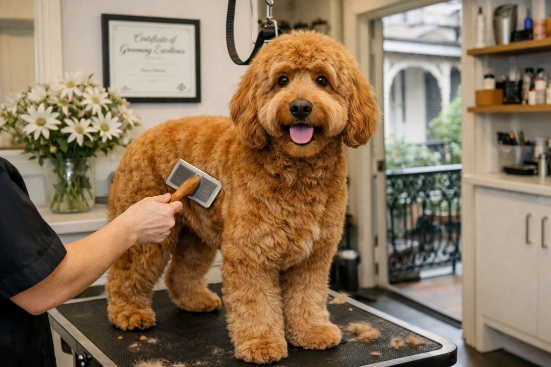 Groodle-red-golden-coat-professional-grooming-session-Paddington-Sydney Groodle Red Golden Coat Professional Grooming Session Paddington Sydney
