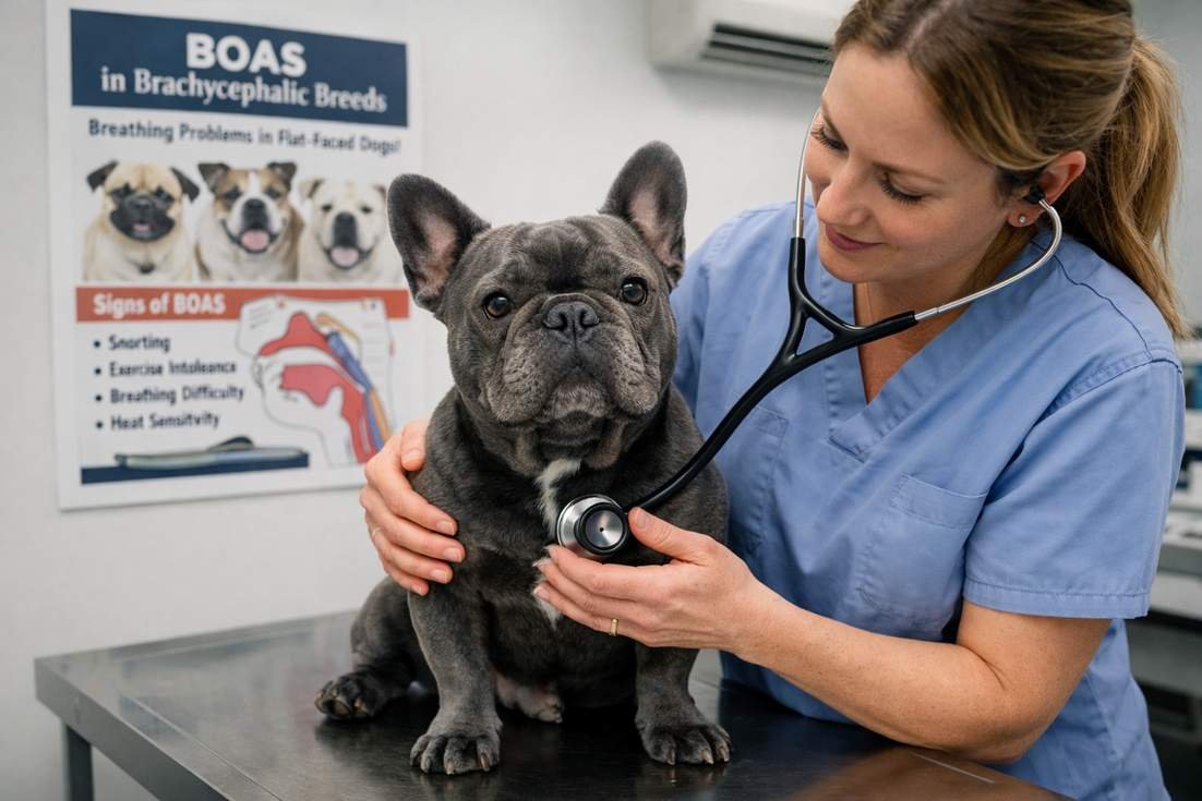 French Bulldog Blue Coat During Vet Respiratory Health Examination