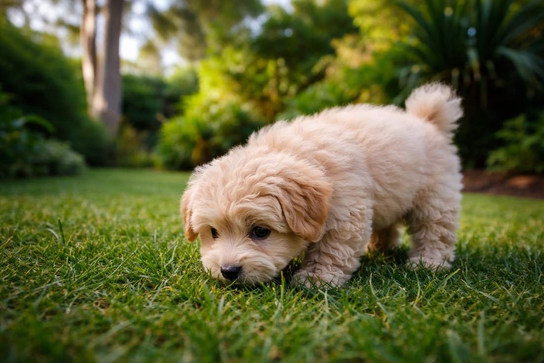 Maltipoo Puppy Exploring Garden Showing Gentle Exercise Needs For Puppies