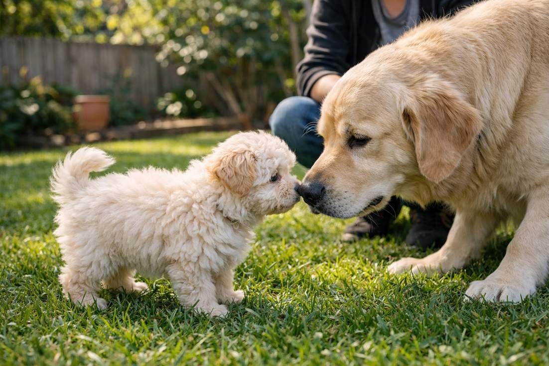 Maltipoo Puppy Meeting Another Dog During Important Socialisation Period