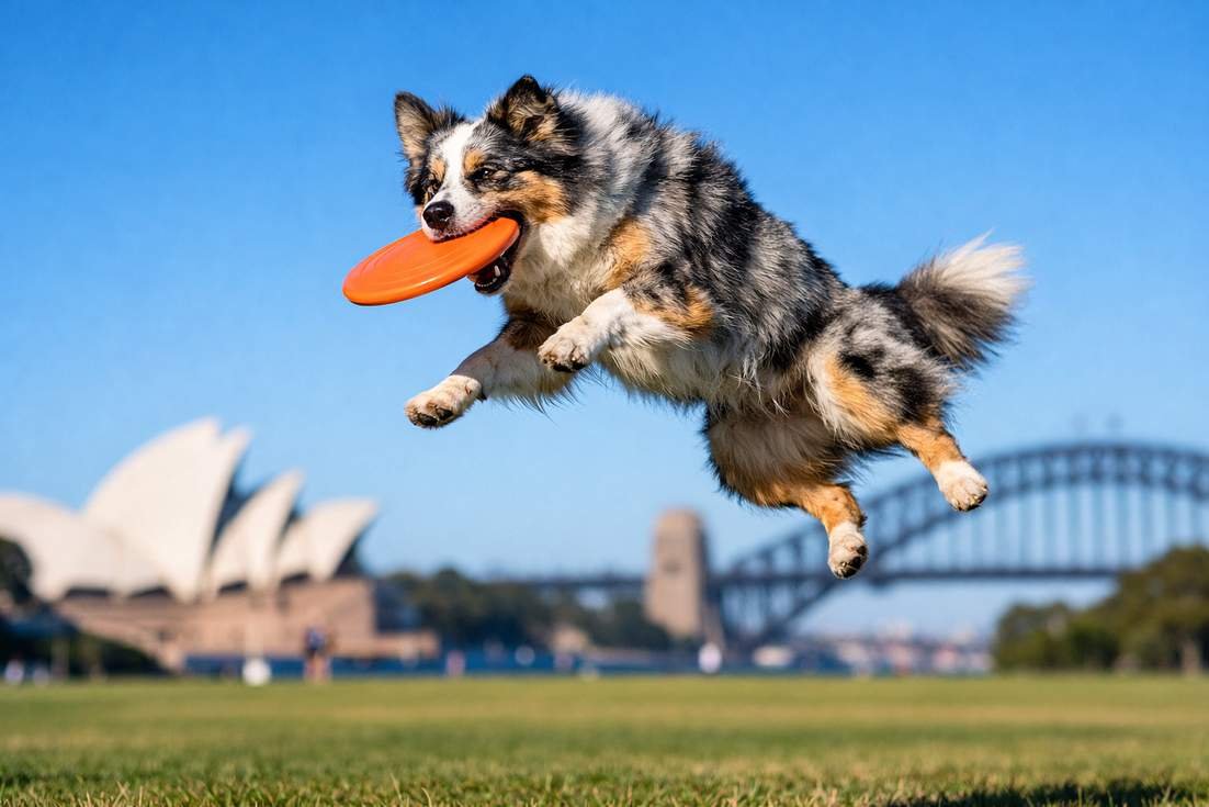 mini australian shepherd catching frisbee mid air showing high exercise needs