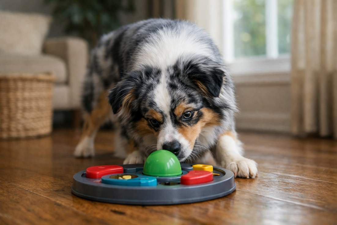 mini australian shepherd working puzzle toy showing need for mental stimulation