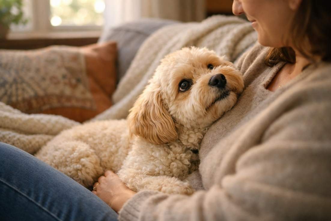 Moodle Dog Showing Affectionate Loyal Nature Cuddling With Owner