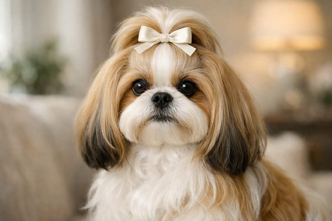 Adult Shih Tzu Dog Portrait Showing Flowing Gold And White Silky Coat And Friendly Expression