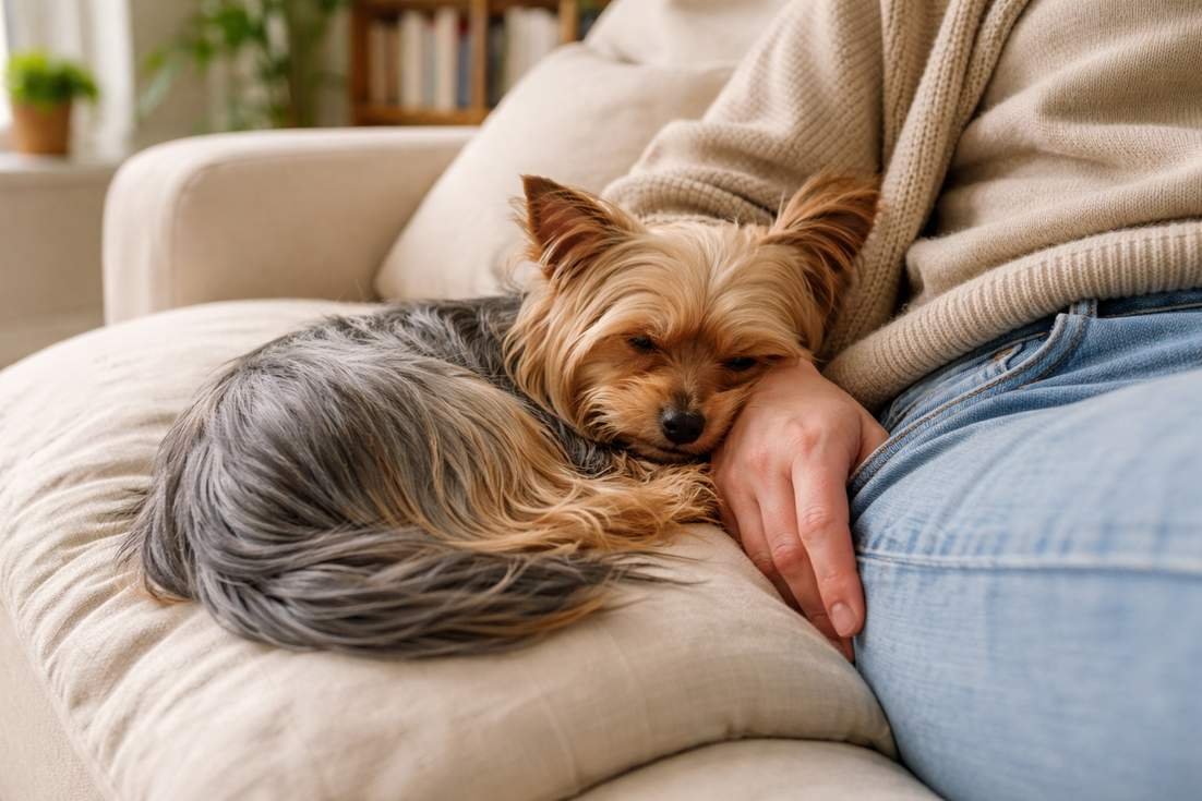 australian-silky-terrier-curled-on-sofa Australian Silky Terrier Curled On Sofa