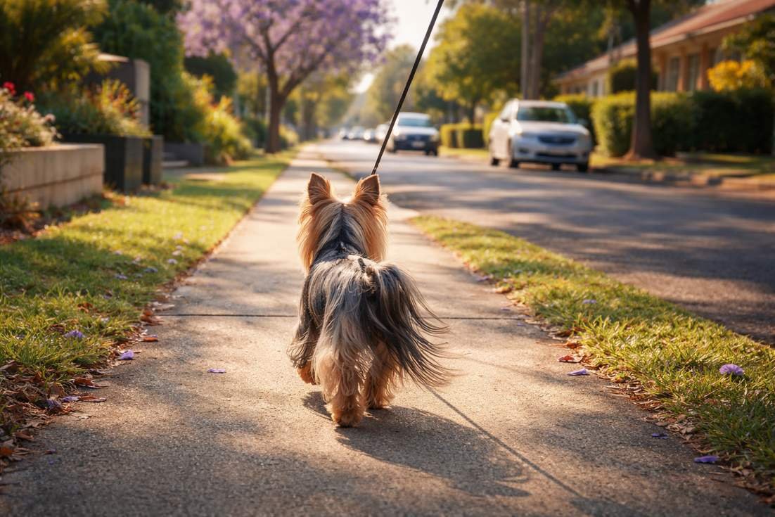 australian-silky-terrier-on-morning-walk-along-suburban-footpath Australian Silky Terrier On Morning Walk Along Suburban Footpath