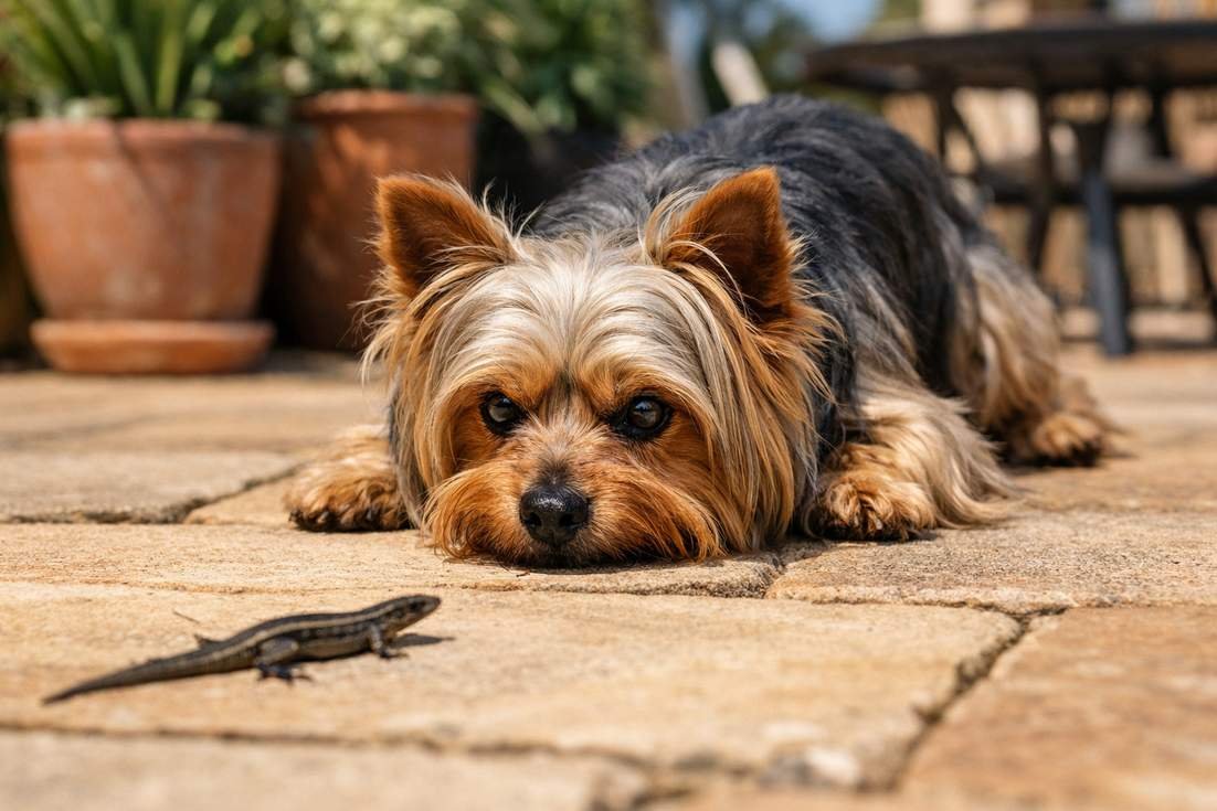 australian-silky-terrier-stalking-a-lizard-on-patio Australian Silky Terrier Stalking A Lizard On Patio