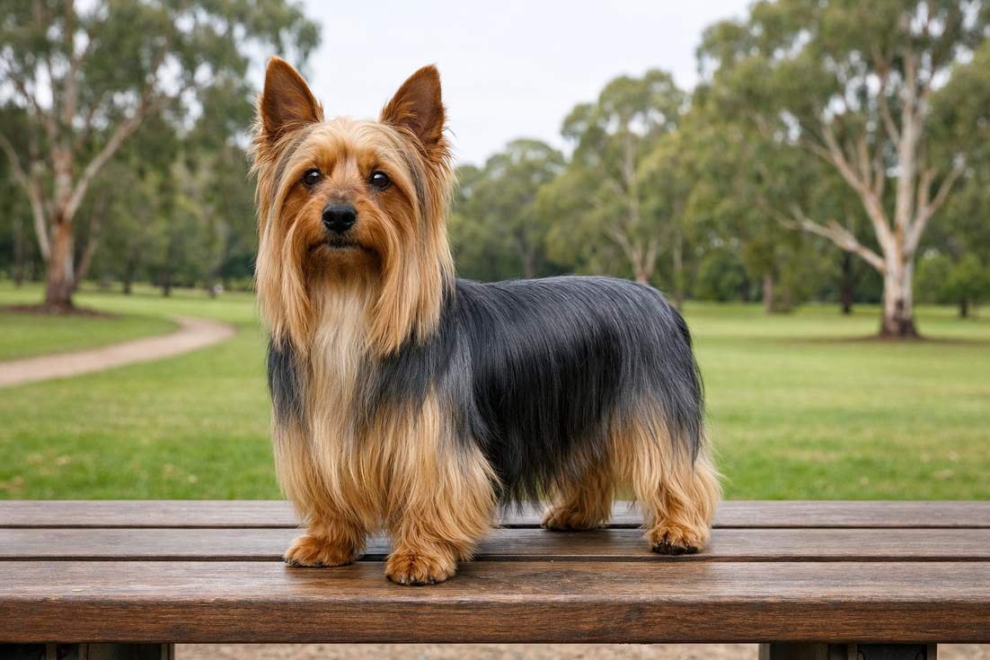 australian-silky-terrier-standing-on-park-bench Australian Silky Terrier Standing On Park Bench