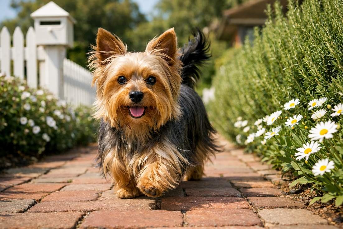 australian-silky-terrier-trotting-through-suburban-garden Australian Silky Terrier Trotting Through Suburban Garden