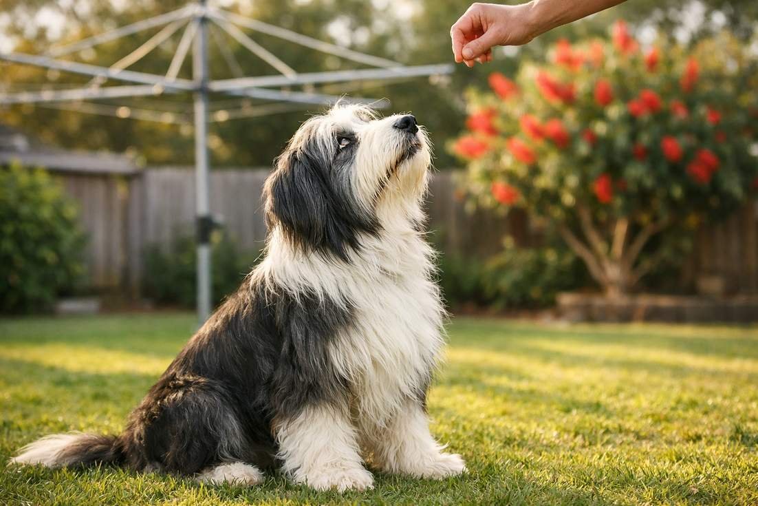 Bearded Collie In Sit Position During Obedience Training Session