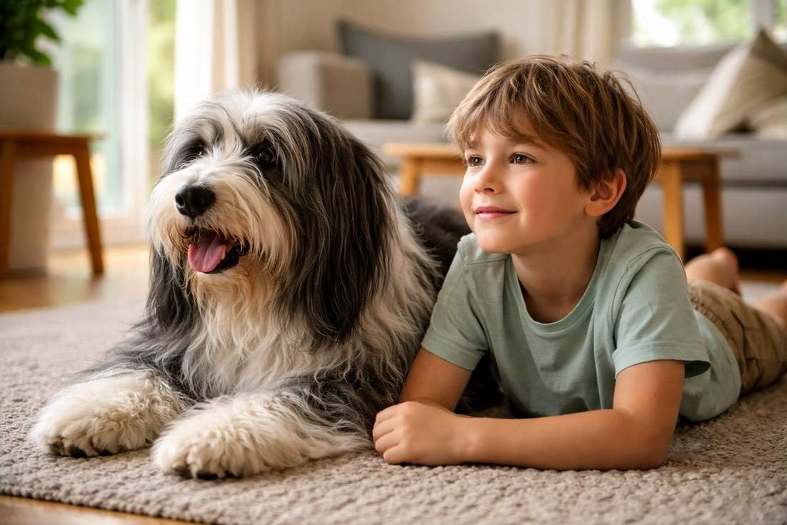 Bearded Collie Relaxing With A Child