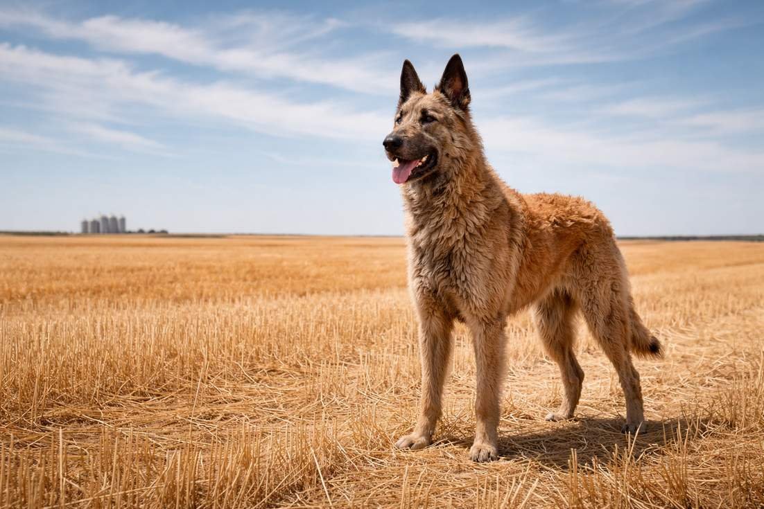 Belgian Laekenois Standing On Harvested Wheat Field