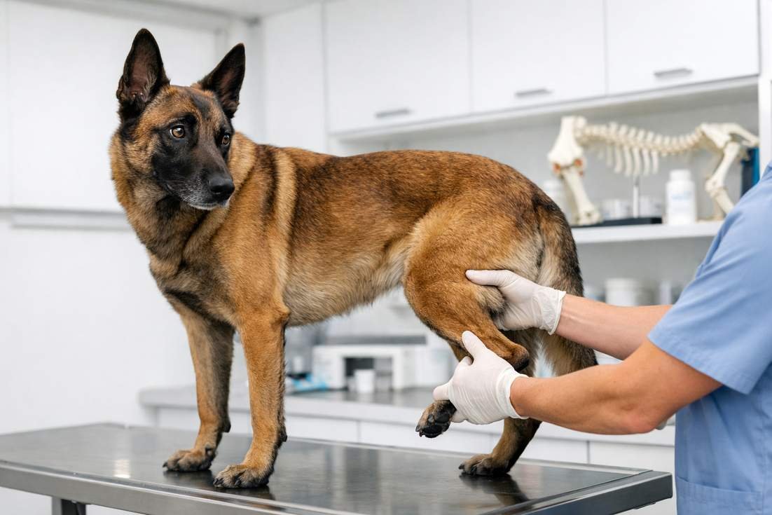 belgian-malinois-having-rear-leg-joints-assessed-by-a-veterinarian Belgian Malinois Having Rear Leg Joints Assessed By A Veterinarian