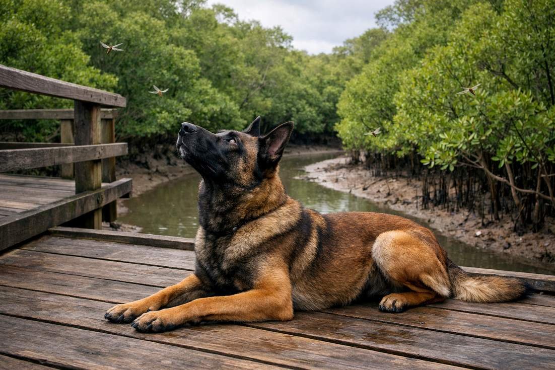 belgian-malinois-holding-a-focused-down-stay-on-a-boardwalk Belgian Malinois Holding A Focused Down Stay On A Boardwalk