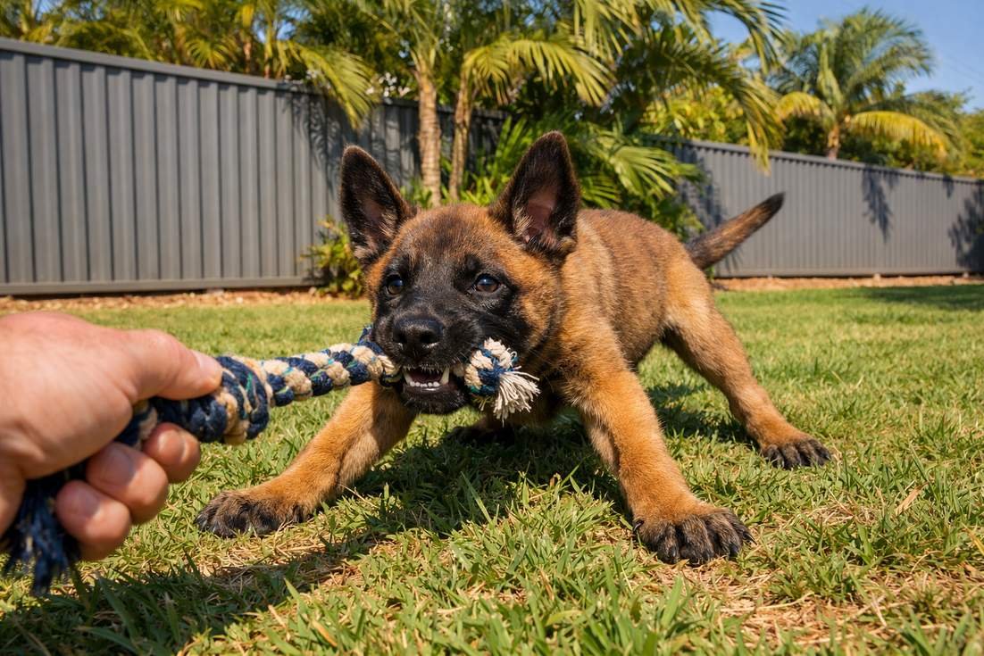 belgian-malinois-puppy-playing-tug-with-fierce-grip Belgian Malinois Puppy Playing Tug With Fierce Grip