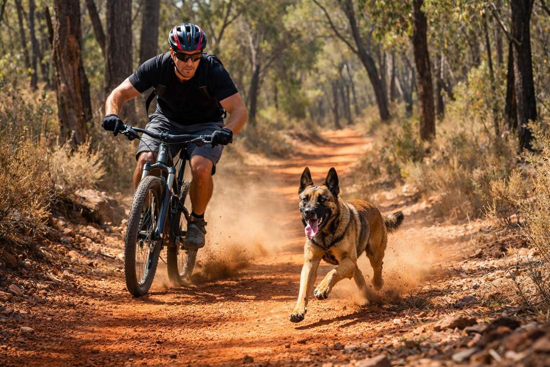belgian-malinois-running-alongside-a-mountain-biker Belgian Malinois Running Alongside A Mountain Biker