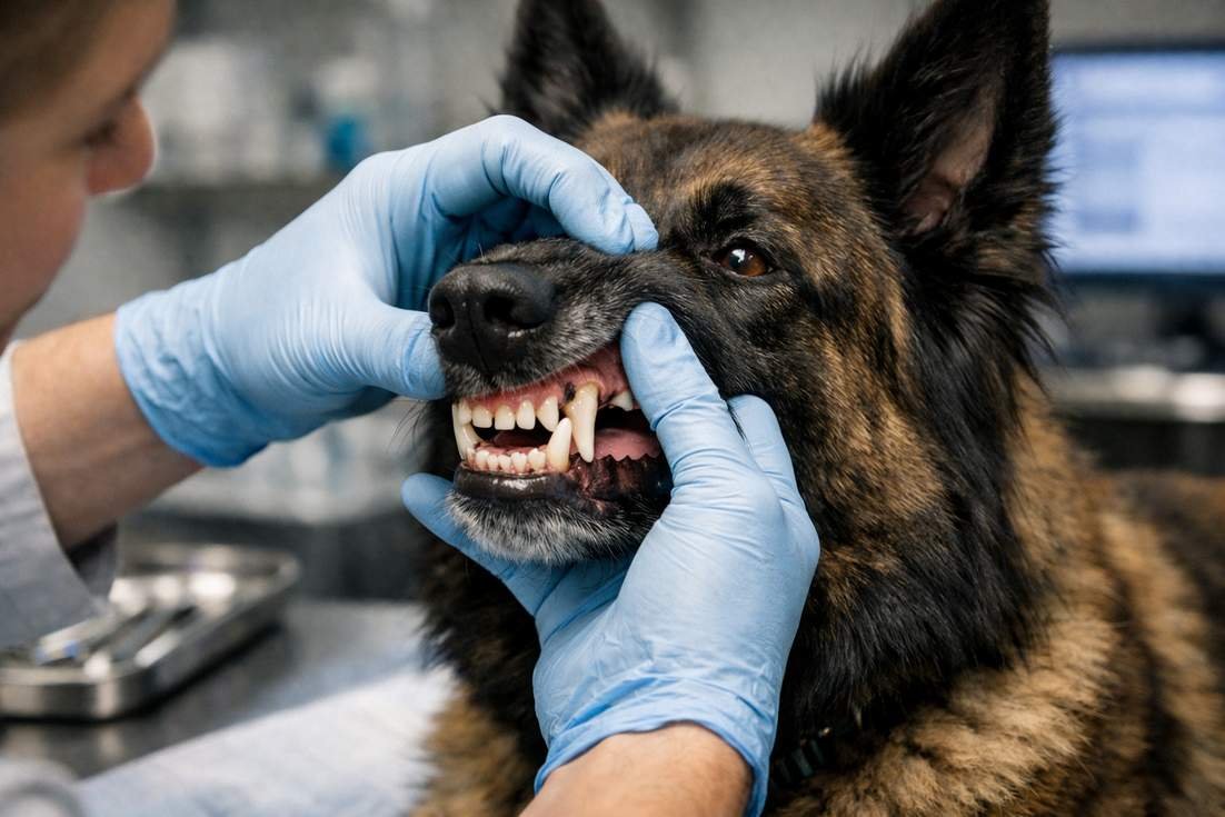 Belgian Shepherd Having Dental Examination At Veterinary Clinic