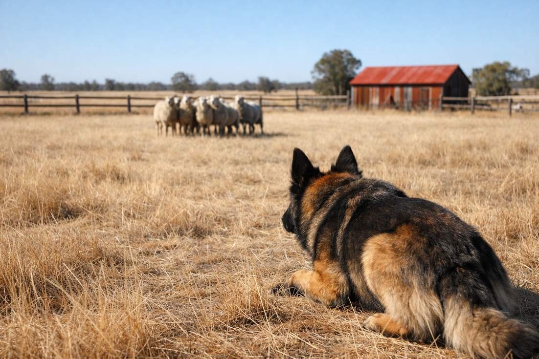 Belgian Shepherd In Herding Stance Watching Sheep