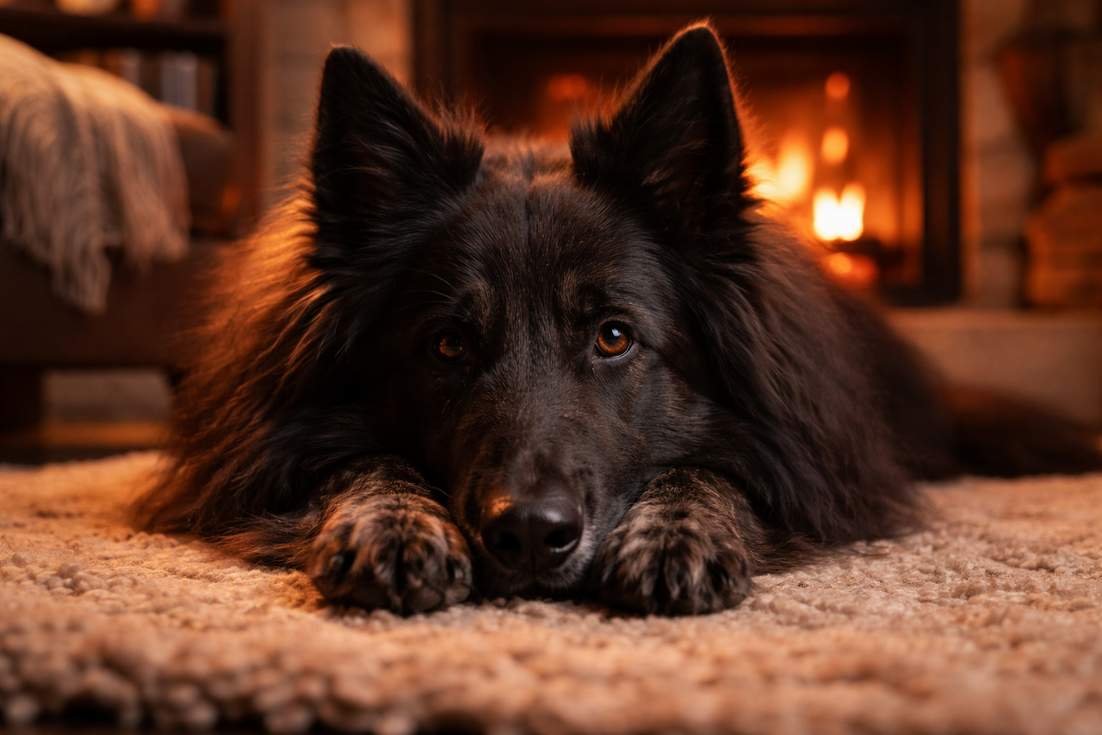 Belgian Shepherd Resting By Fireplace In Cosy Living Room