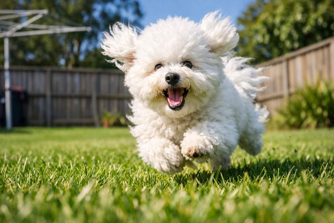 Bichon Frisy Doing Zoomies Across Greenbackyard