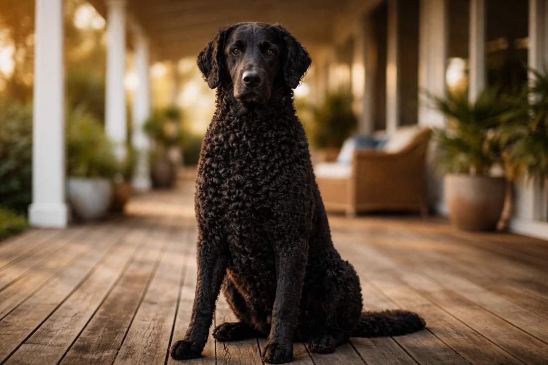 Black Curly Coated Retriever Portrait Sitting On Timber Deck