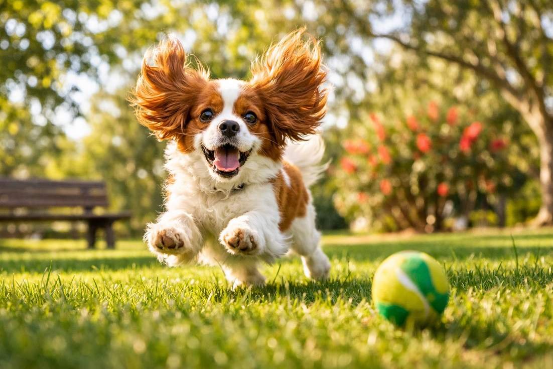 blenheim-cavalier-king-charles-spaniel-bouncing-playfully-chasing-ball Blenheim Cavalier King Charles Spaniel Bouncing Playfully Chasing Ball