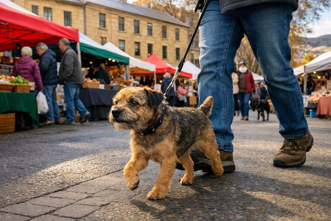 Border Terrier Walking Through Salamanca Market