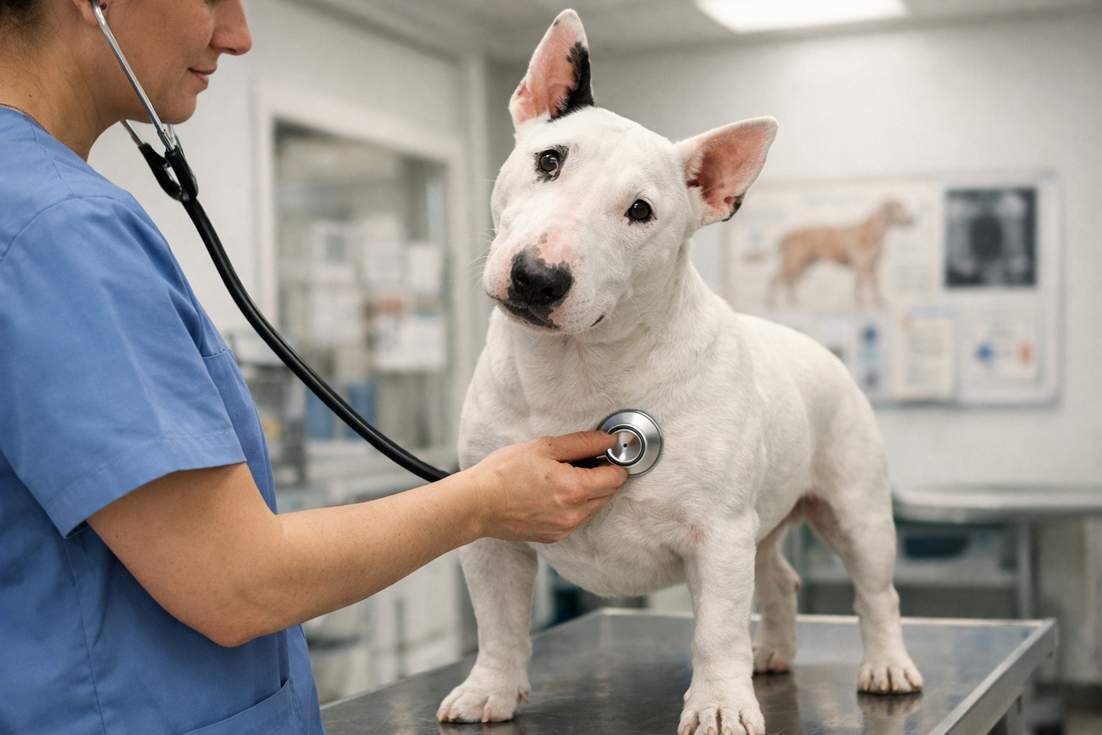 Bull Terrier Being Checked With A Stethoscope
