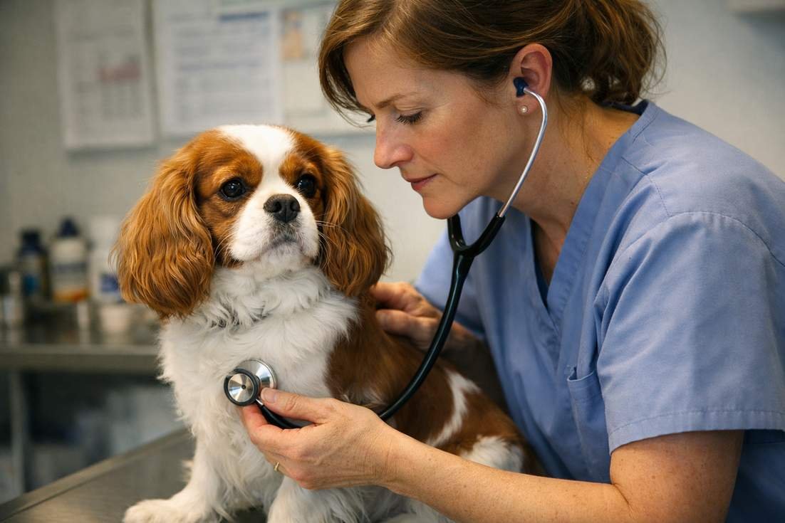 cavalier-king-charles-spaniel-having-heart-examined-by-veterinarian Cavalier King Charles Spaniel Having Heart Examined By Veterinarian
