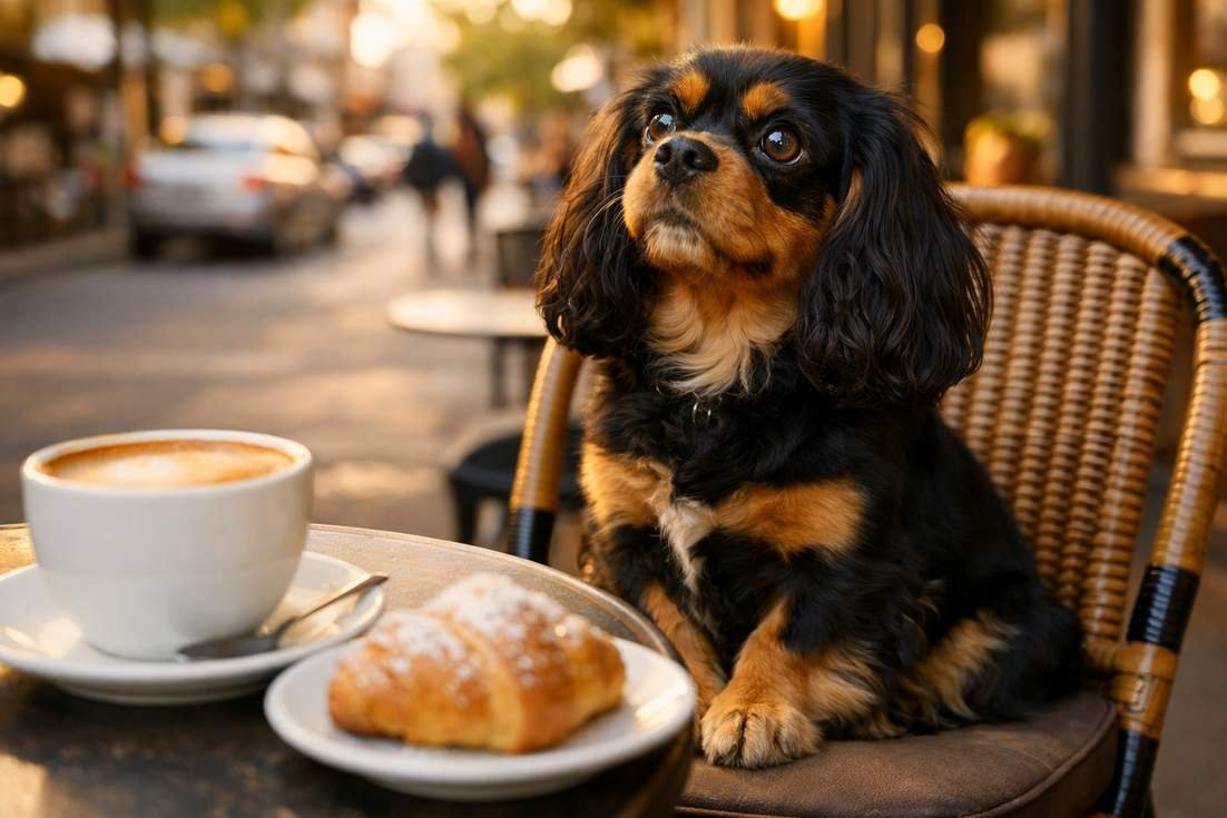 cavalier-king-charles-spaniel-sitting-at-outdoor-cafy Cavalier King Charles Spaniel Sitting At Outdoor Cafy