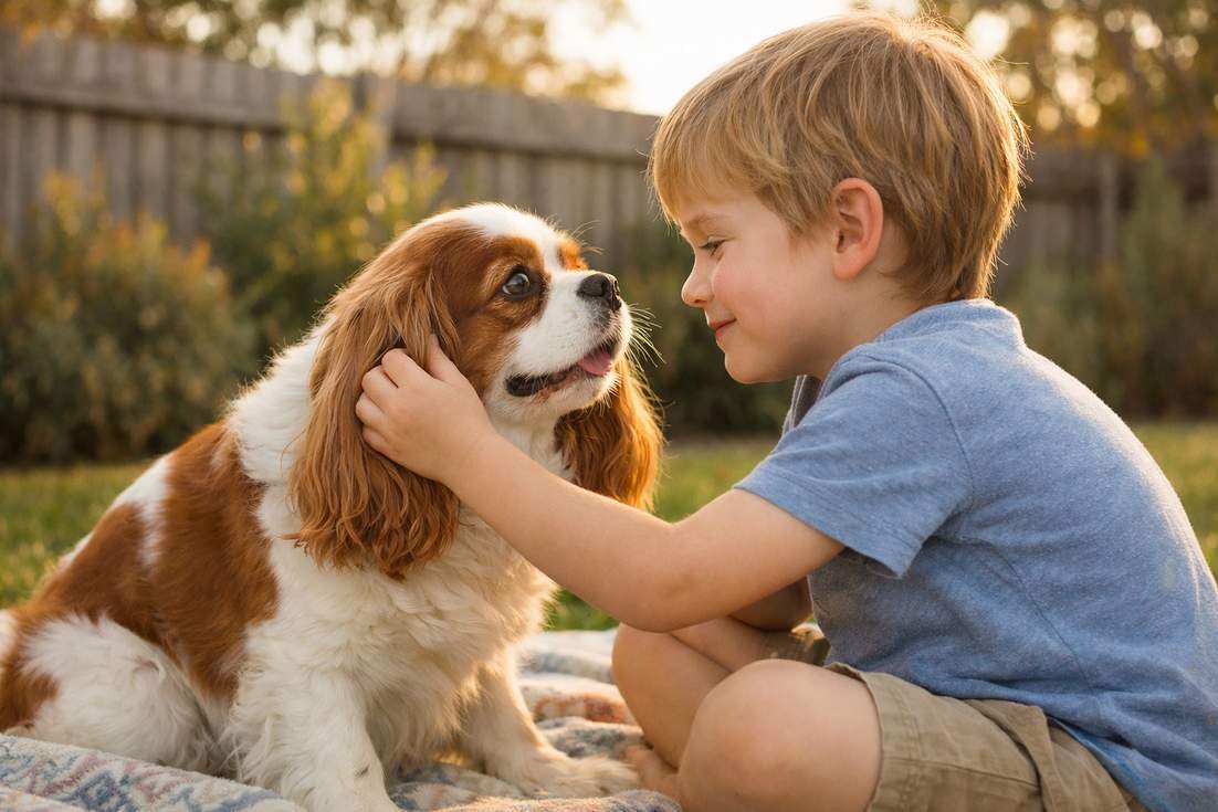 cavalier-king-charles-spaniel-sitting-gently-with-young-child Cavalier King Charles Spaniel Sitting Gently With Young Child